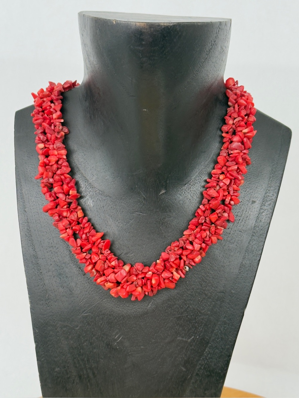 Hand Woven Red Coral Chips Cluster Beaded Collar Necklace Toggle Closure